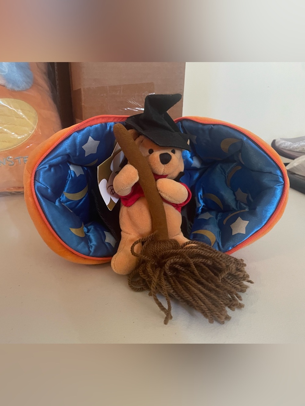 Disney Orange Plush Winnie the Pooh Witch with Blue Lined Pumpkin